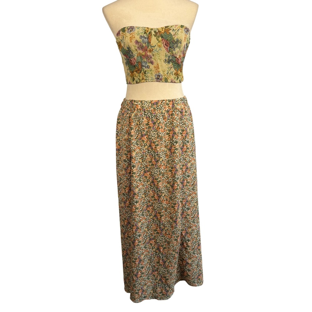 Floral Maxi Skirt Orange Green Purple Elastic Waist Cottagecore Small